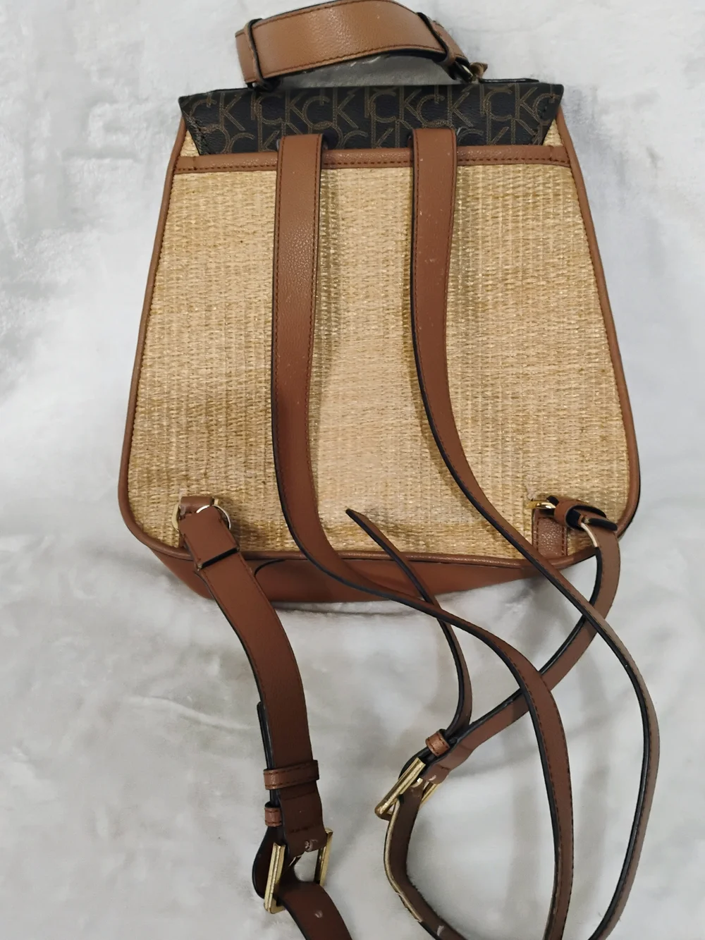 Calvin Klein Monogram‎ Straw Flap Backpack Purse Bag See Photos O